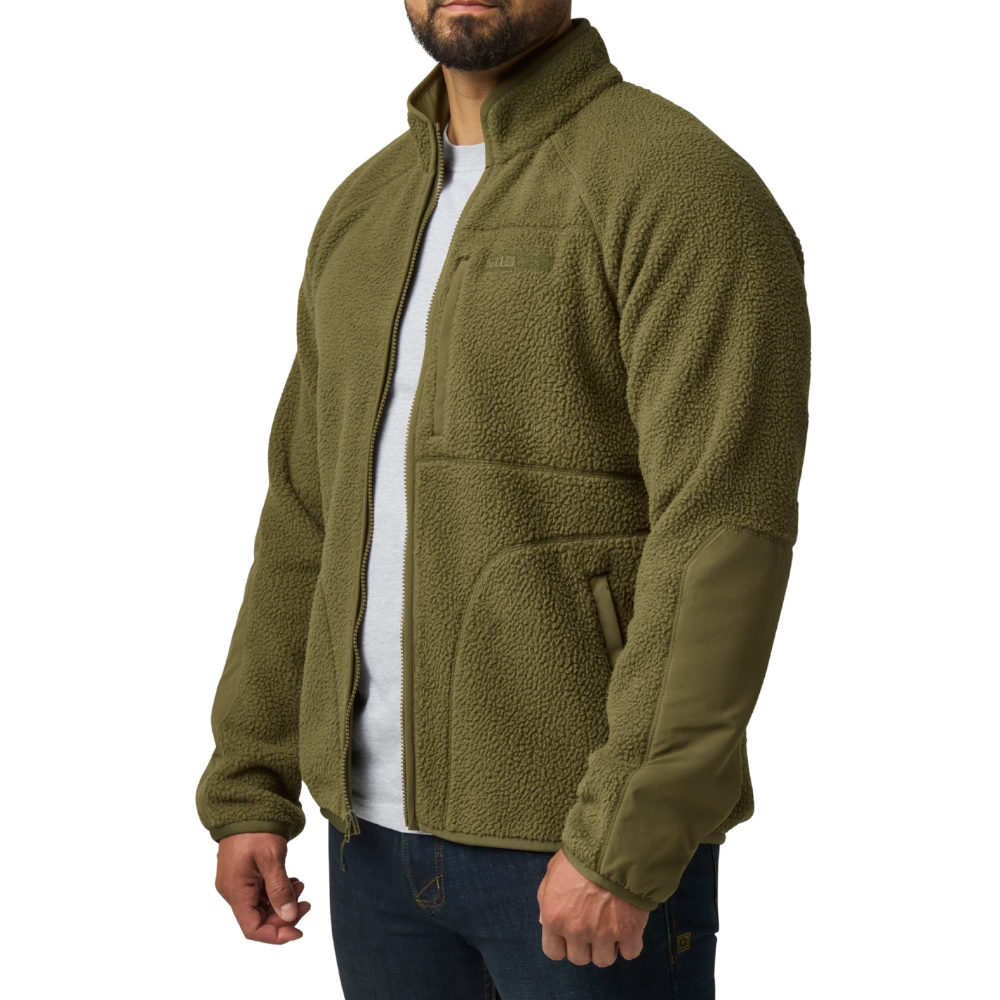 5.11 Tactical HQ Tech Fleece Jacket in Field Green, unzipped, side view