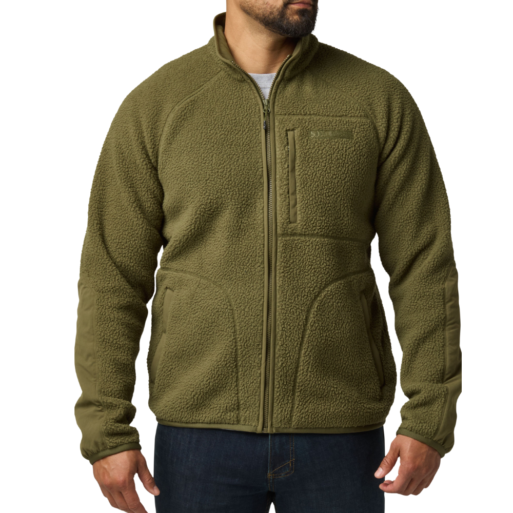 Man wearing the 5.11 Tactical HQ Tech Fleece Jacket in Field Green, front view