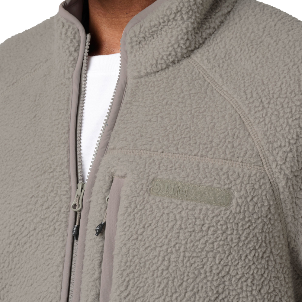 Close-up of the on the 5.11 Tactical HQ Tech Fleece Jacket in Mushroom