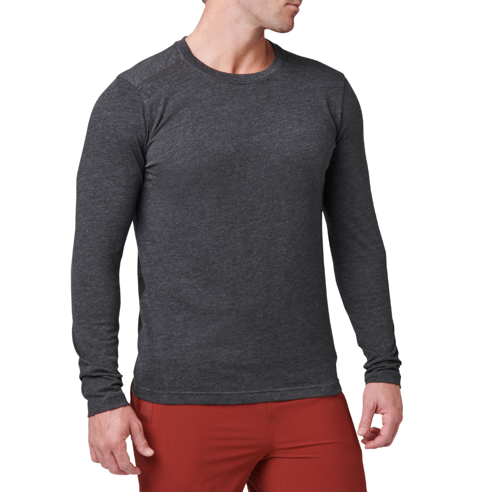 Man wearing the 5.11 Tactical PT-R Charge Long Sleeve 2.0 in Black Heather, angled front view