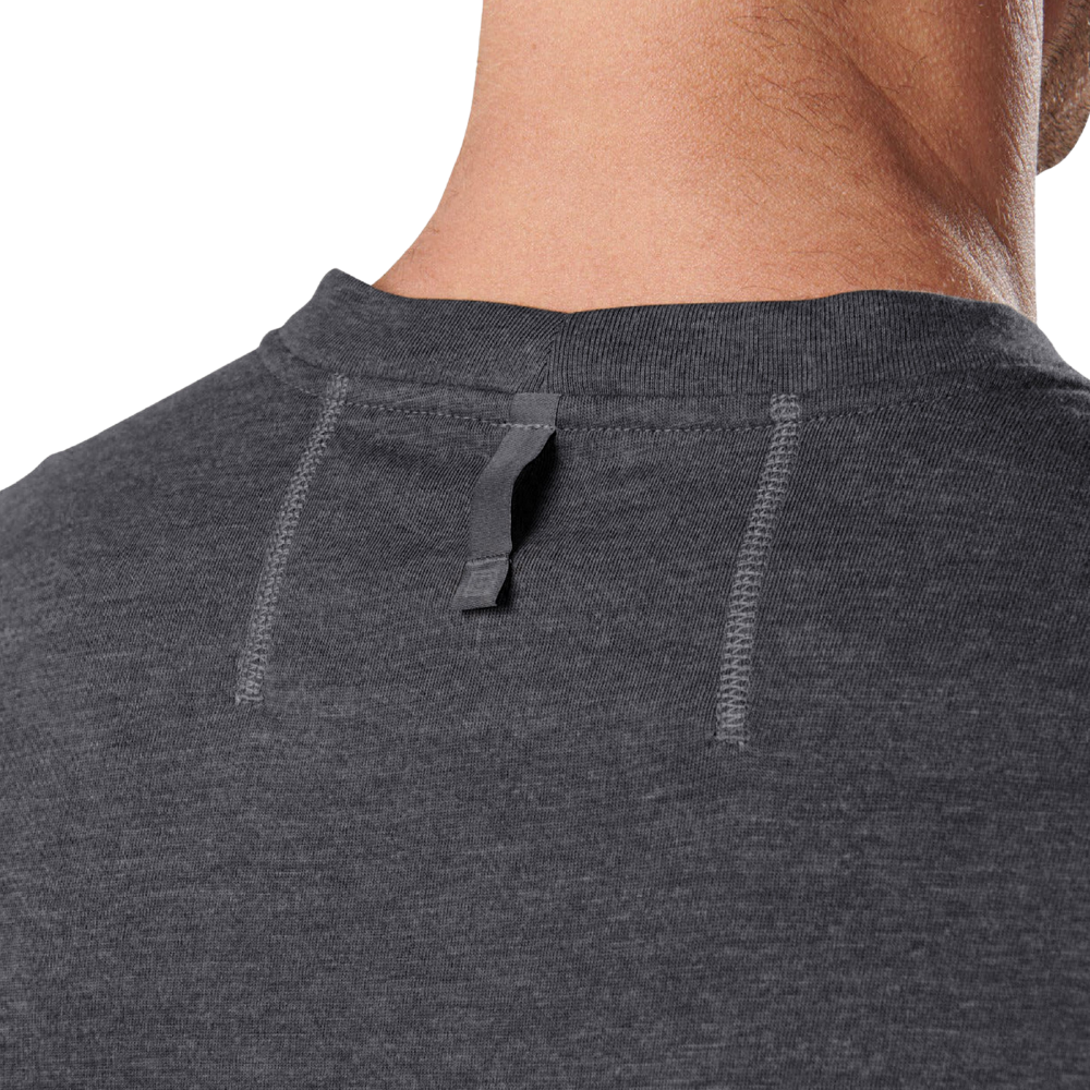 Close-up of the back neck label on the 5.11 Tactical PT-R Charge Long Sleeve 2.0 in Black Heather