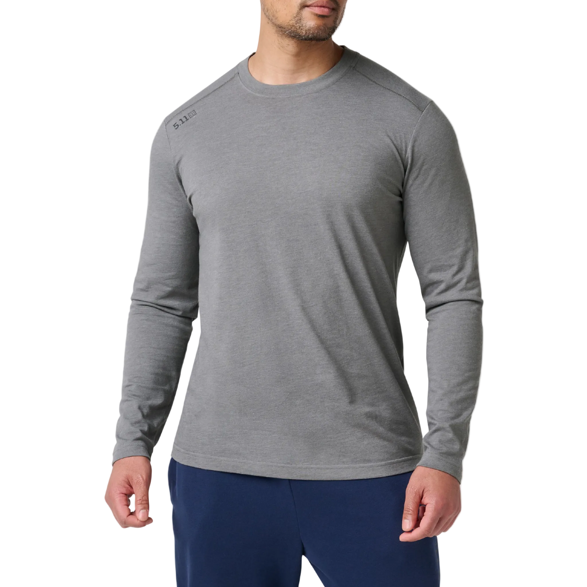 Man wearing the 5.11 Tactical PT-R Charge Long Sleeve 2.0 in Storm Heather, front view