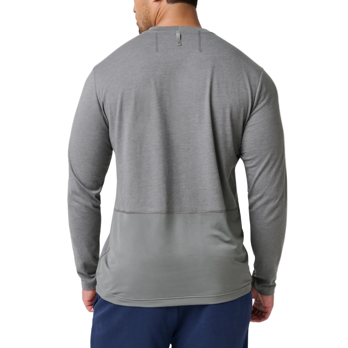 Man wearing the 5.11 Tactical PT-R Charge Long Sleeve 2.0 in Storm Heather, back view
