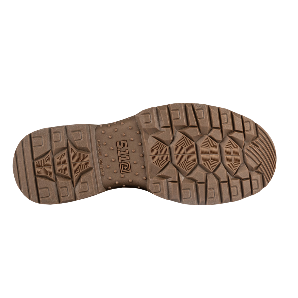 Underside of the 5.11 Tactical Rambler 6-inch Boot in Dark Coyote, showing the outsole tread