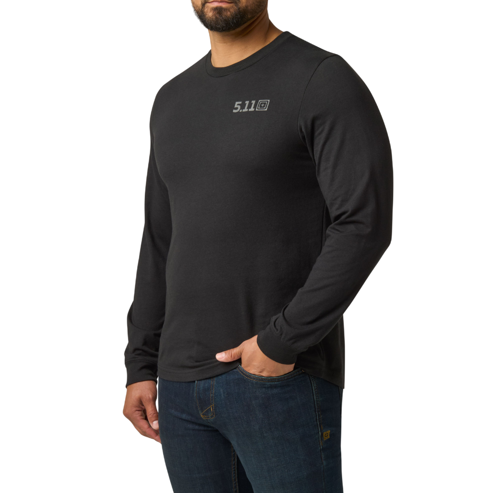 Man wearing the 5.11 Tactical Send It Bow Long Sleeve Tee in Black, angled to the left