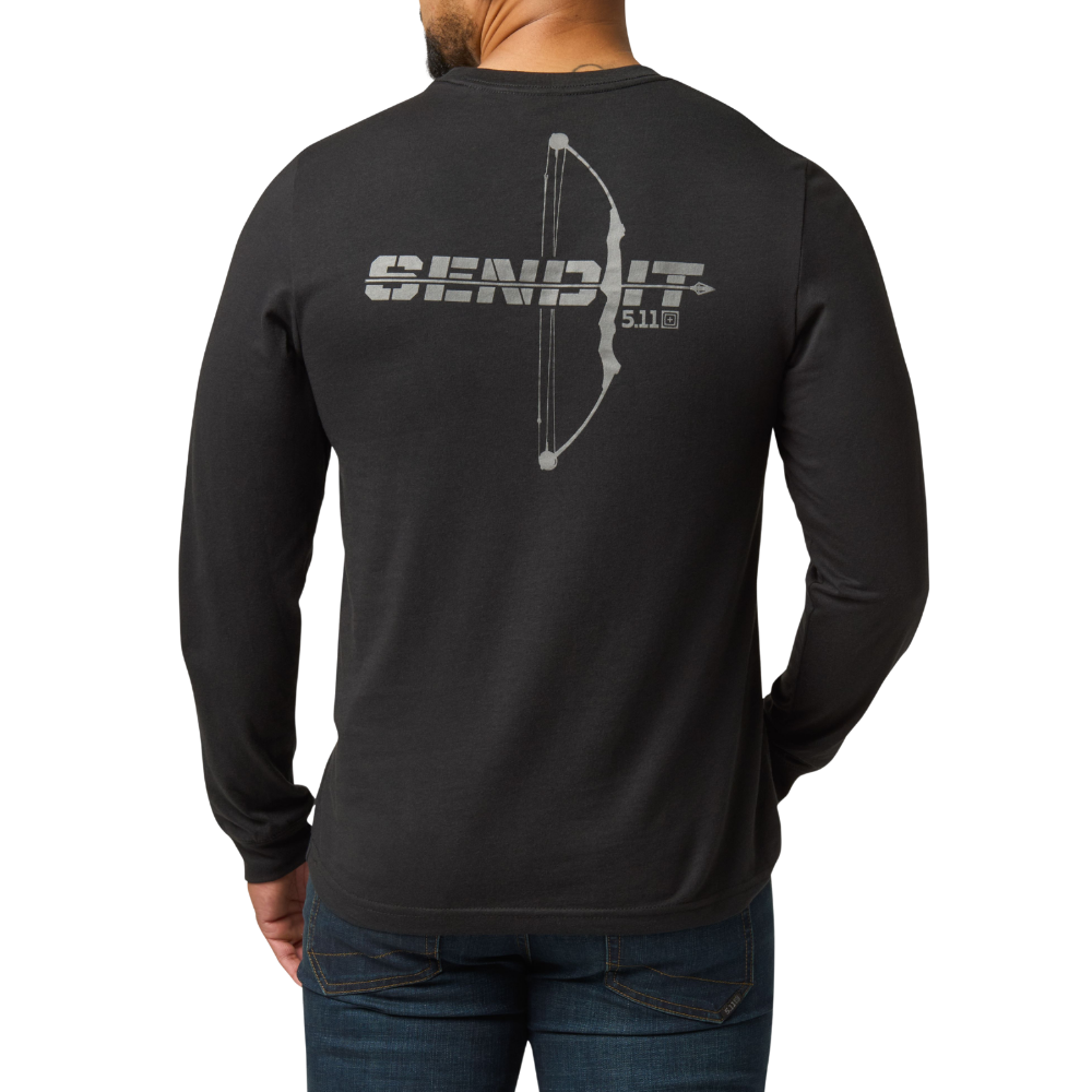 Man wearing the 5.11 Tactical Send It Bow Long Sleeve Tee in Black, back view