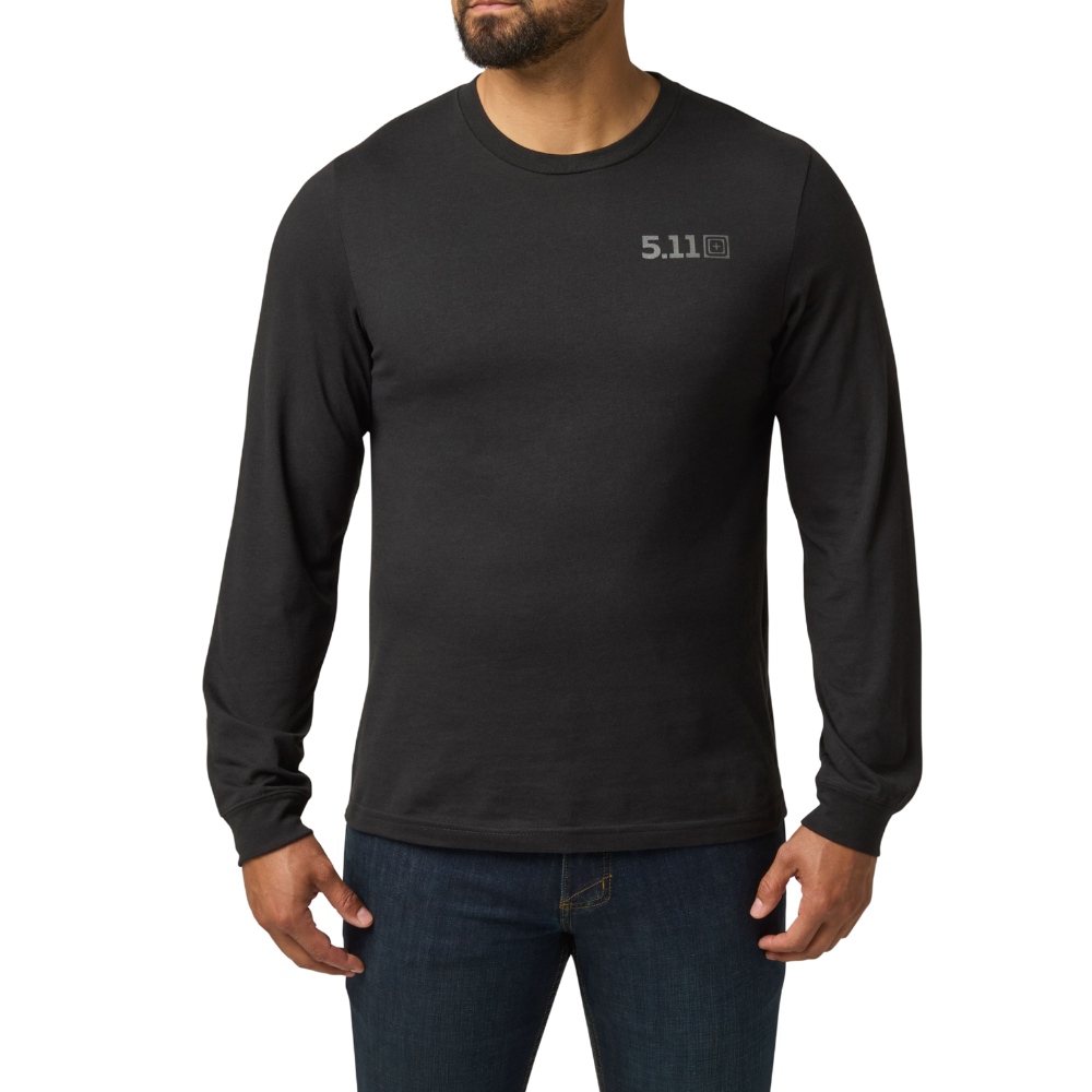 Man wearing the 5.11 Tactical Send It Bow Long Sleeve Tee in Black, front view
