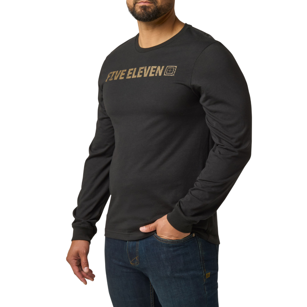Man wearing the 5.11 Tactical Weathered Lock Up Long Sleeve Tee in Black with a distressed tan Five Eleven chest print, angled to the left