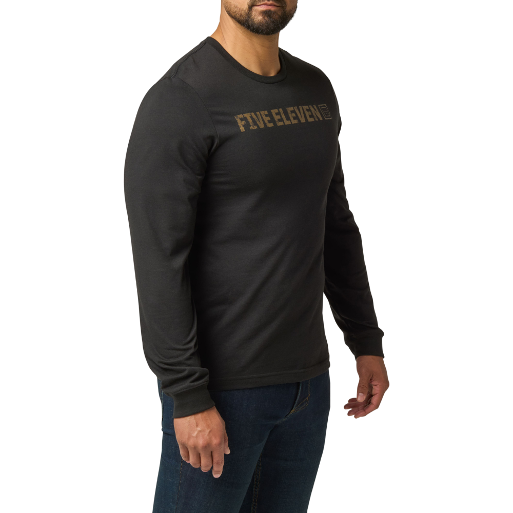 Man wearing the 5.11 Tactical Weathered Lock Up Long Sleeve Tee in Black with a distressed tan Five Eleven chest print, angled to the right