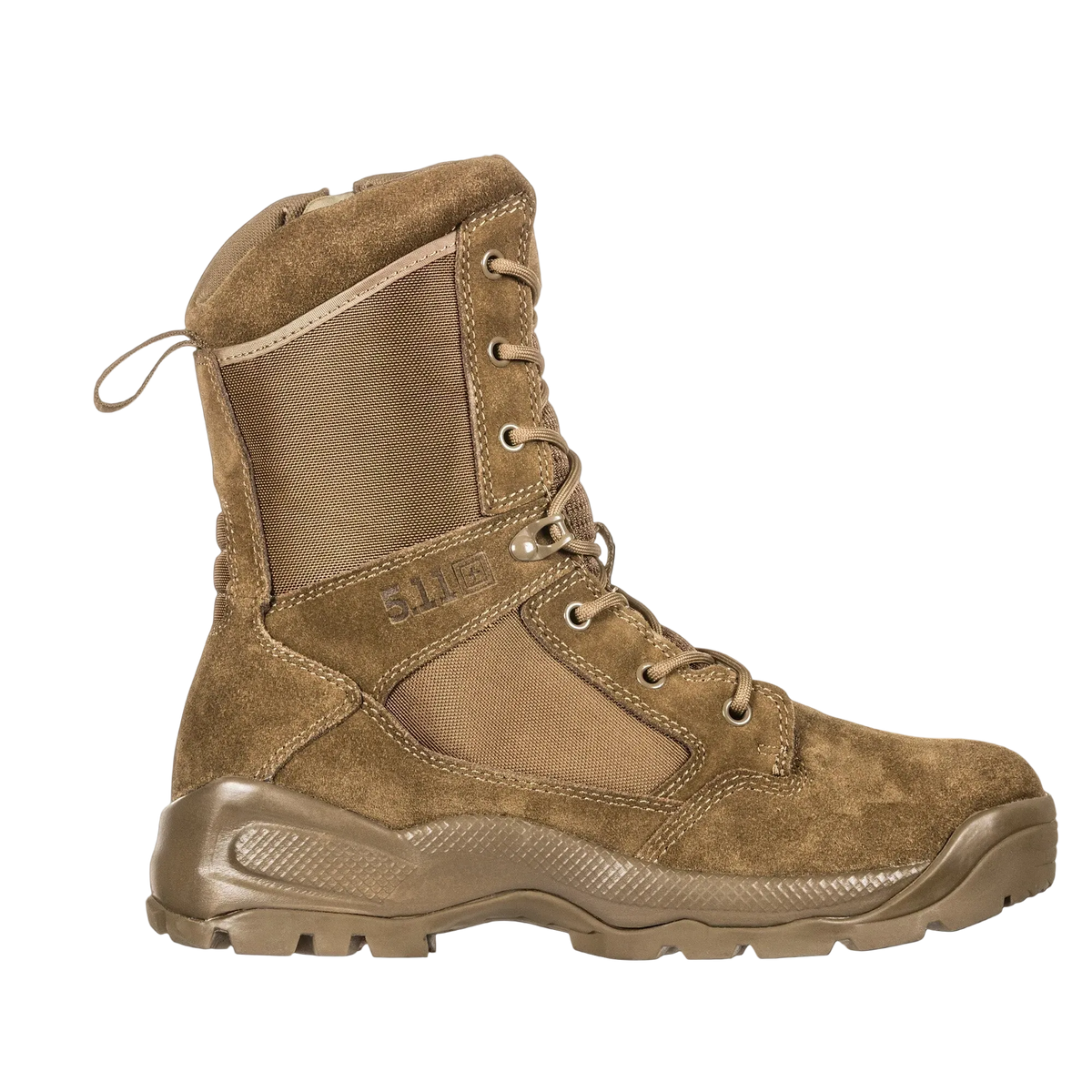 A single 5.11" tactical combat boot in coyote brown suede and nylon, shown from a side profile view against a solid white background.