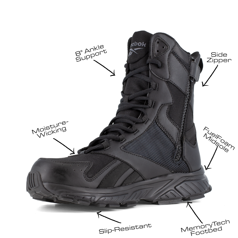 Reebok Hyperium Tactical men's 8-inch trail running tactical boot, angled view of the inner side with feature callouts