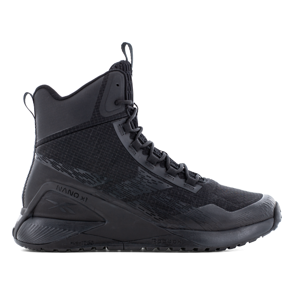 Reebok Nano X1 Adventure 6 tactical side zip boot in black, side view of the outer side