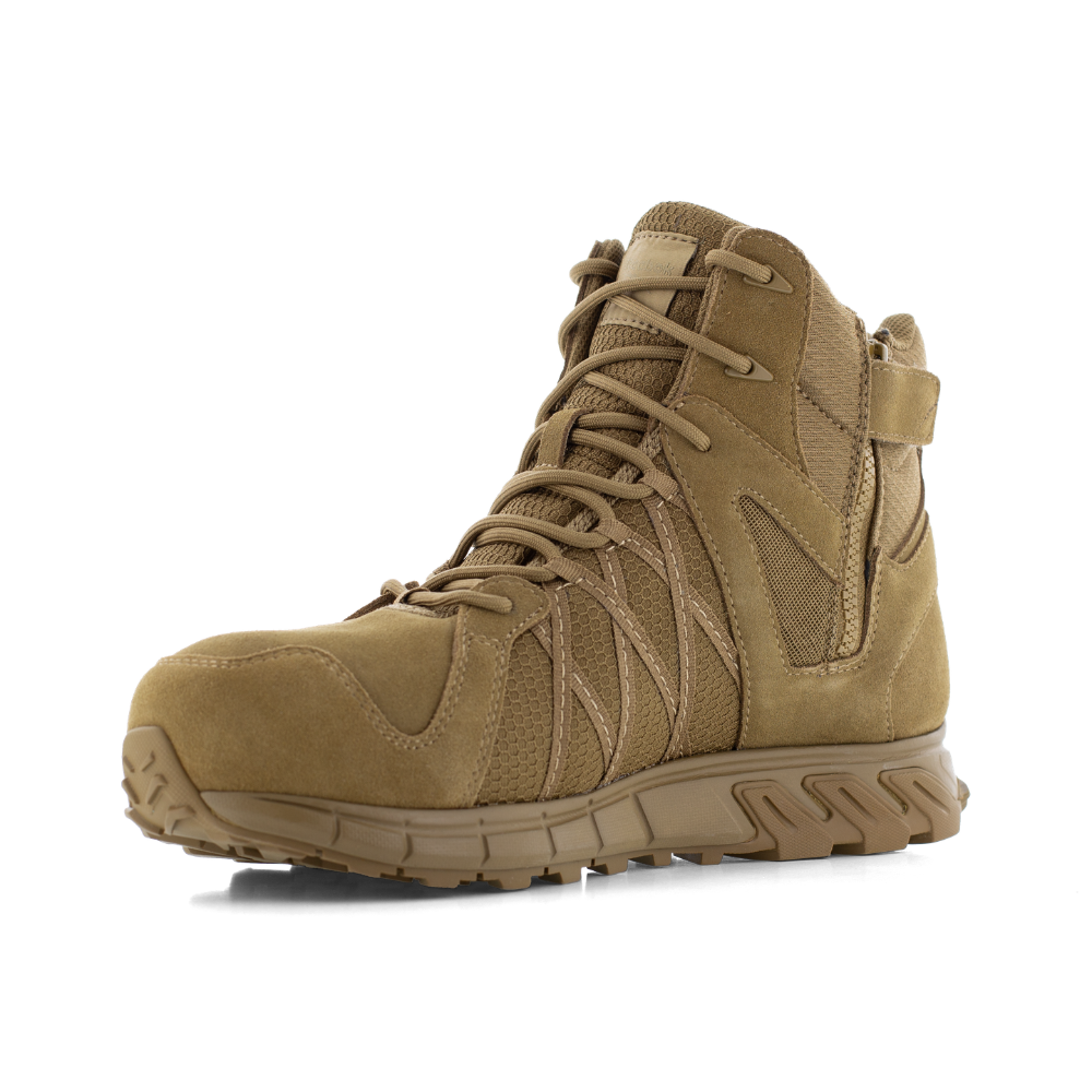 Reebok Trailgrip Tactical 6 side zip composite toe boot in coyote, angled view of the inner side