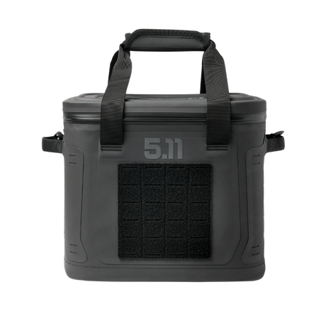 Black tactical cooler bag with handle on a white background