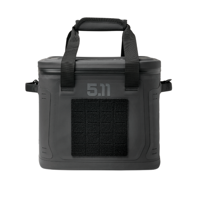 Black tactical cooler bag with handle on a white background
