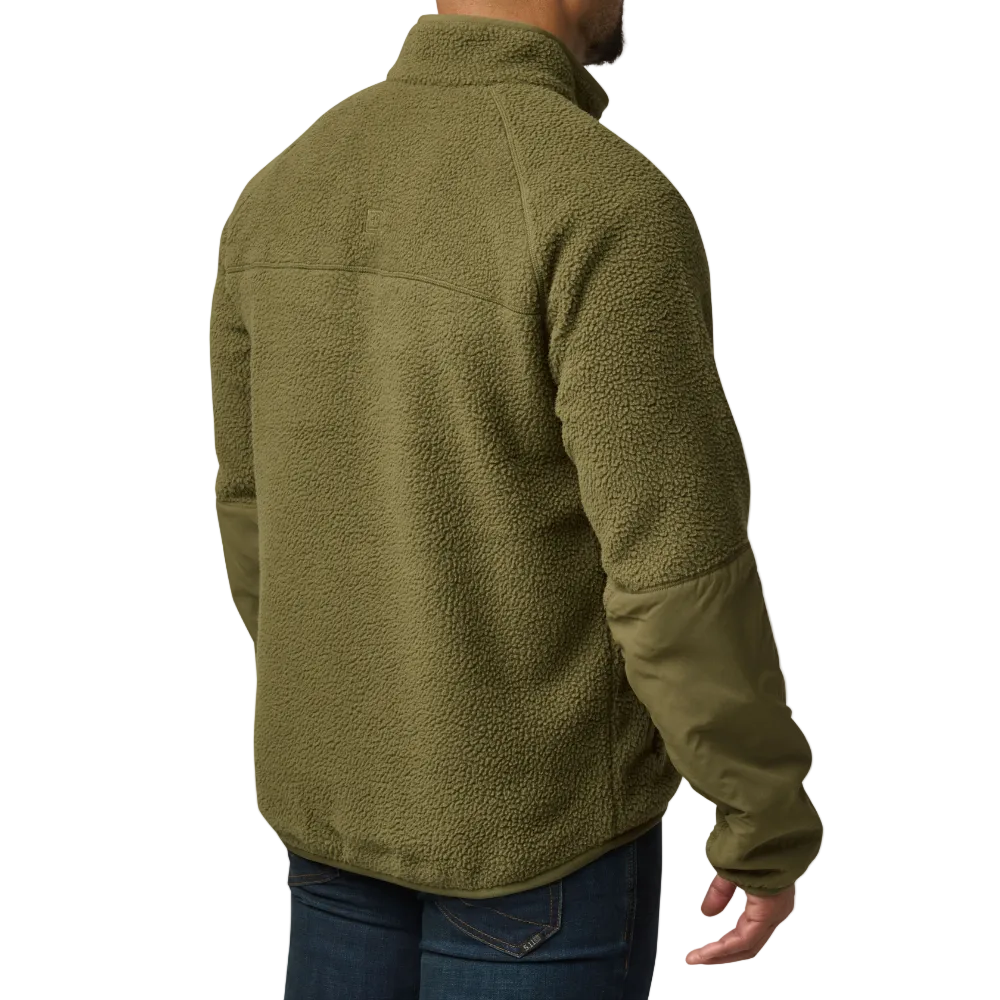 Man wearing 5.11 Tactical HQ Tech Fleece Jacket in Field Green, back view