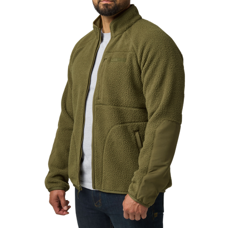 5.11 Tactical HQ Tech Fleece Jacket in Field Green, unzipped, side view