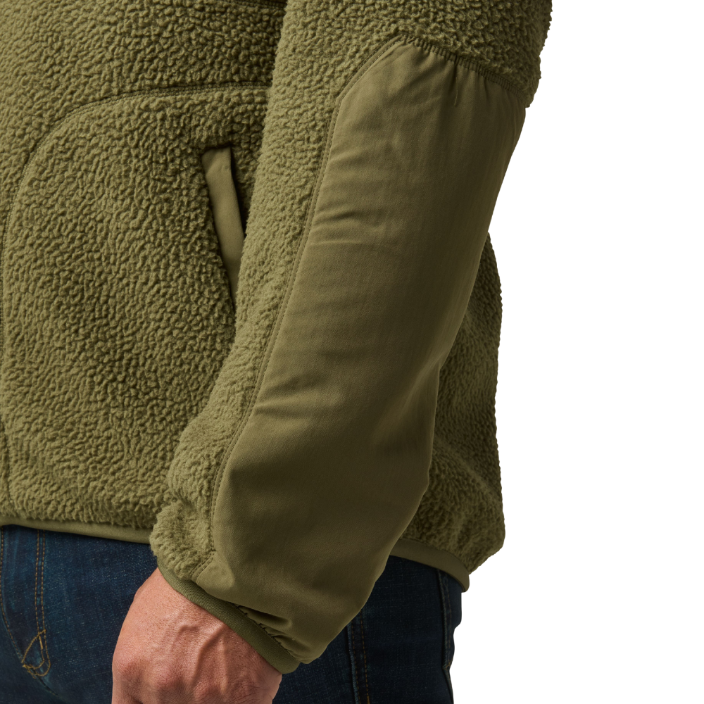 Close-up of the sleeve on the 5.11 Tactical HQ Tech Fleece Jacket in Field Green