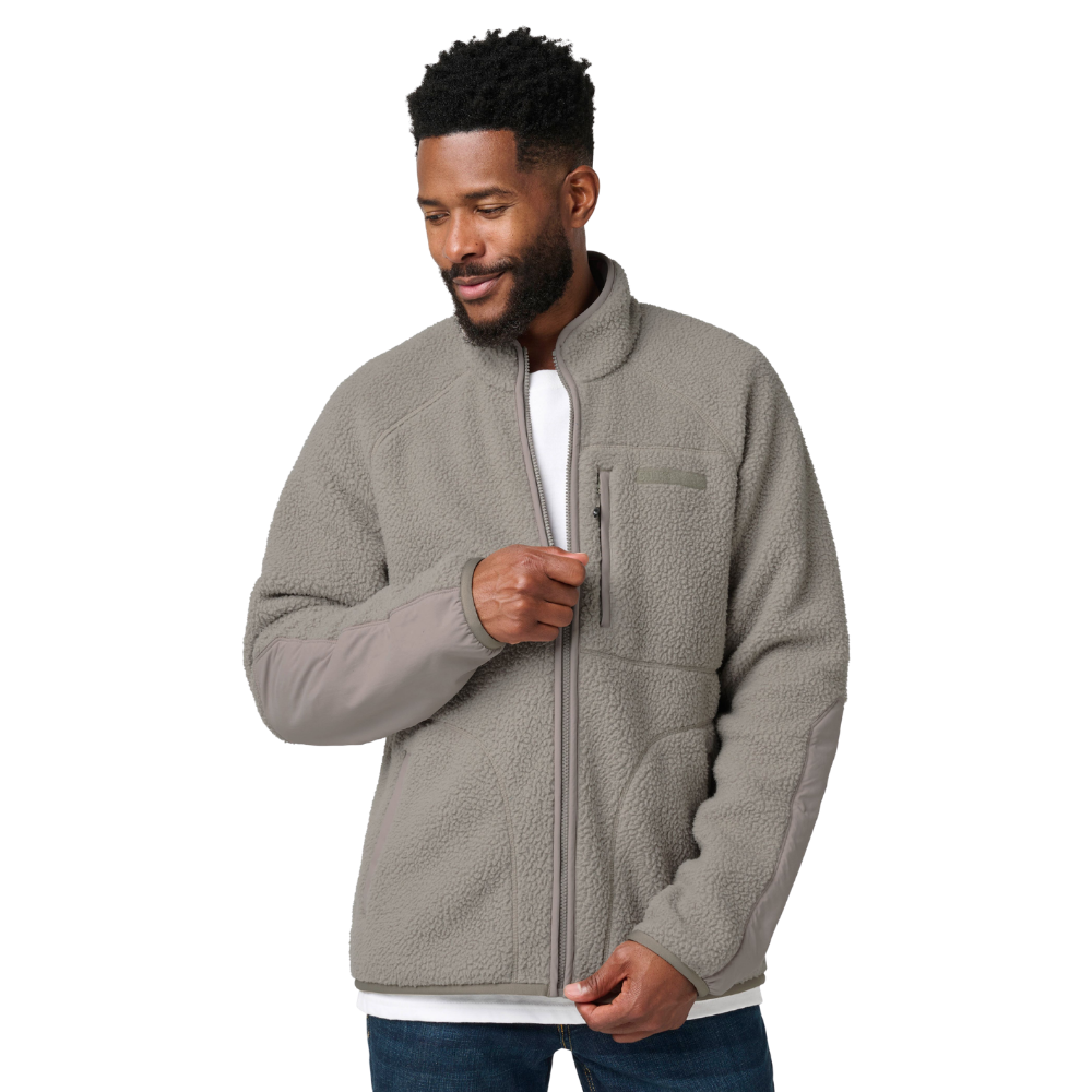 Man zipping up the 5.11 Tactical HQ Tech Fleece Jacket in Mushroom
