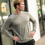 Man standing outdoors wearing the 5.11 Tactical PT-R Charge Long Sleeve 2.0 in Willow Green Heather