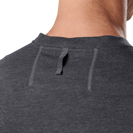 Close-up of the back neck label on the 5.11 Tactical PT-R Charge Long Sleeve 2.0 in Black Heather
