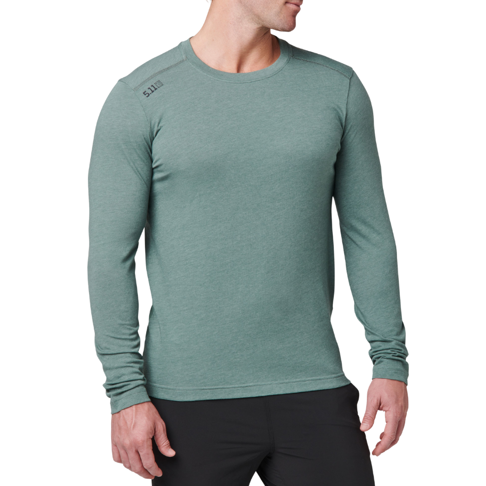 Man wearing the 5.11 Tactical PT-R Charge Long Sleeve 2.0 in Willow Green Heather, angled front view