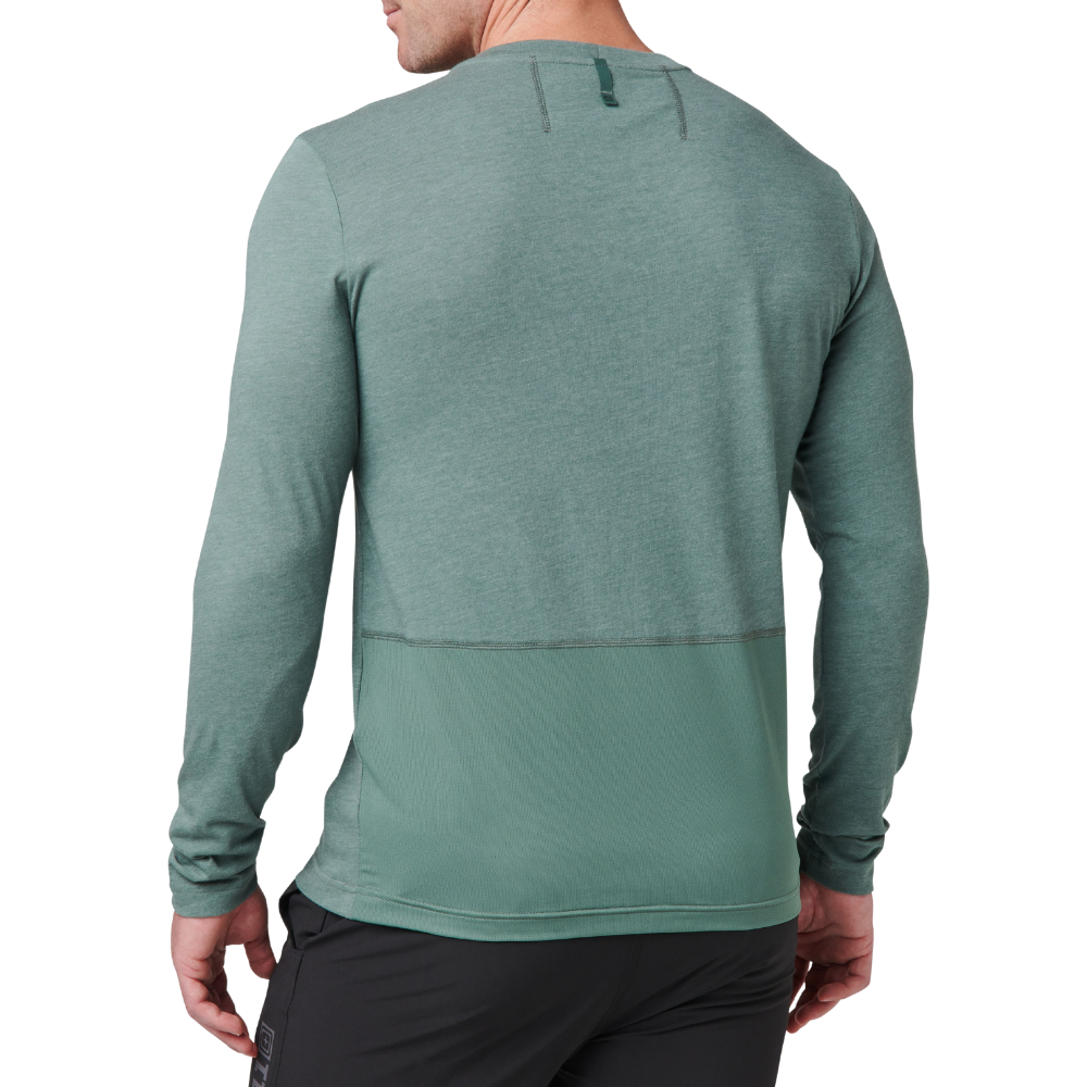 Man wearing the 5.11 Tactical PT-R Charge Long Sleeve 2.0 in Willow Green Heather, back view