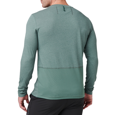 Man wearing the 5.11 Tactical PT-R Charge Long Sleeve 2.0 in Willow Green Heather, back view