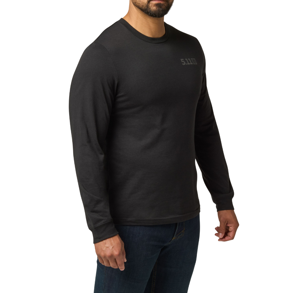 Man wearing the 5.11 Tactical Send It Bow Long Sleeve Tee in Black, angled to the right