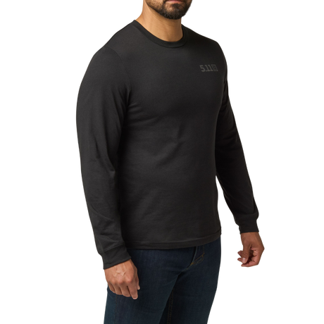 Man wearing the 5.11 Tactical Send It Bow Long Sleeve Tee in Black, angled to the right