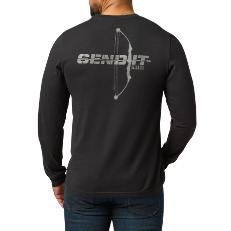 Man wearing the 5.11 Tactical Send It Bow Long Sleeve Tee in Black, back view