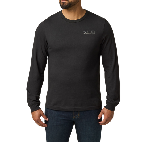 Man wearing the 5.11 Tactical Send It Bow Long Sleeve Tee in Black, front view