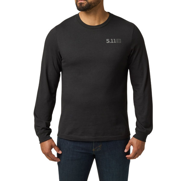 Man wearing the 5.11 Tactical Send It Bow Long Sleeve Tee in Black, front view