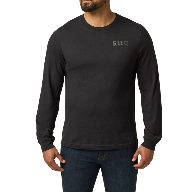 Man wearing the 5.11 Tactical Send It Bow Long Sleeve Tee in Black, front view