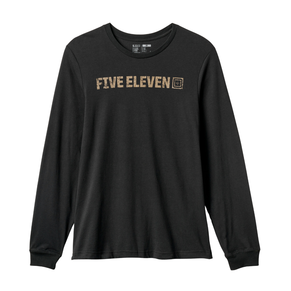 5.11 Tactical Weathered Lock Up Long Sleeve Tee in Black with a distressed tan Five Eleven chest print, front view