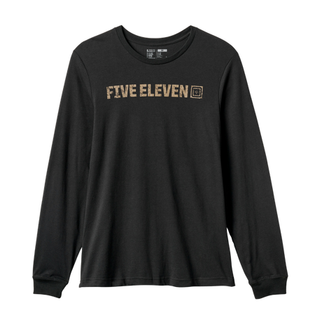 5.11 Tactical Weathered Lock Up Long Sleeve Tee in Black with a distressed tan Five Eleven chest print, front view