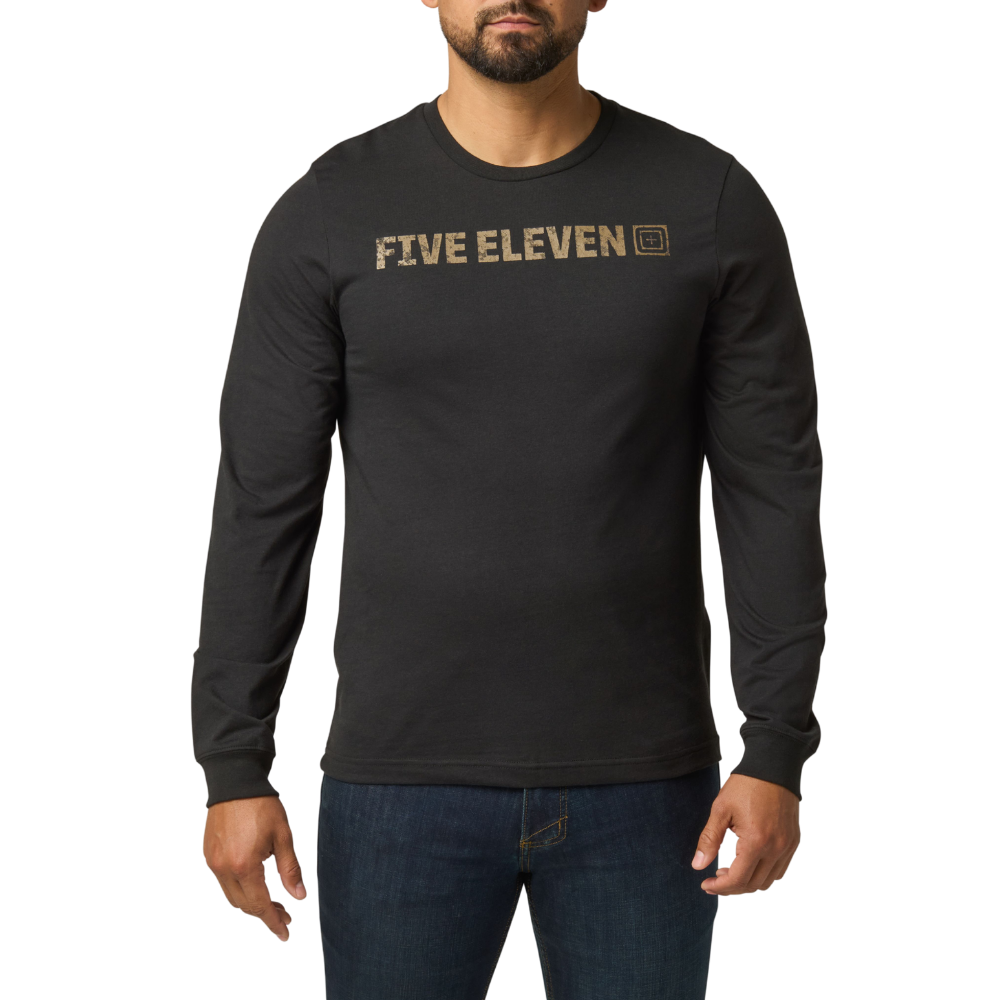 5.11 Tactical Weathered Lock Up Long Sleeve Tee in Black with a distressed tan Five Eleven chest print, front view