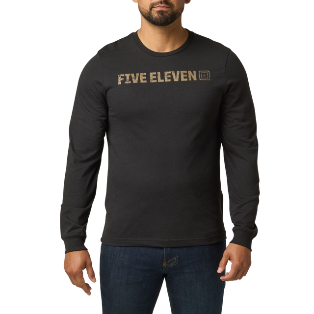 5.11 Tactical Weathered Lock Up Long Sleeve Tee in Black with a distressed tan Five Eleven chest print, front view
