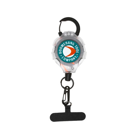 A retractable phone tether with a black cord, a clip, and a label with the Boomerang Tool Company logo.