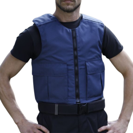 Person wearing EnGarde PUMA anti-stab vest in navy blue, front view