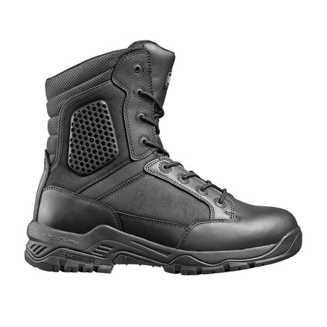 A black Magnum Strike Force 8.0 SZ women's boot with a side zipper, featuring a durable leather upper with mesh panels, padded collar, and a high-traction outsole.