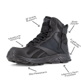 Reebok Hyperium Tactical men's 6-inch trail running tactical boot, angled view of the inner side with feature callouts