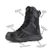 Reebok Hyperium Tactical men's 8-inch trail running tactical boot, angled view of the inner side with feature callouts