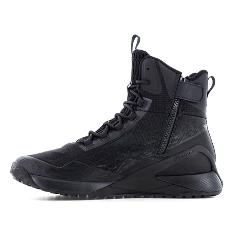 Reebok Nano X1 Adventure 6 tactical side zip boot in black, side view of the inner side