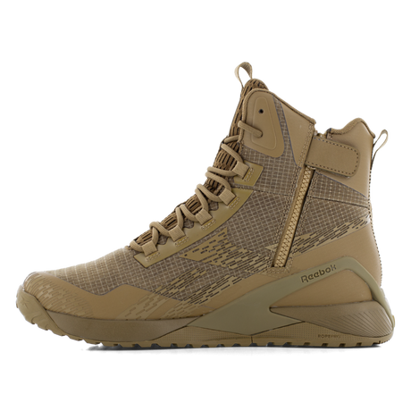 Reebok Nano X1 Adventure 6 tactical side zip boot in coyote, side view of the inner side