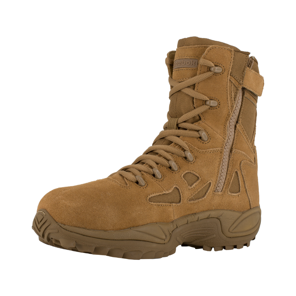 Reebok Rapid Response 8 side zip composite toe boot in coyote, angled view of the inner side
