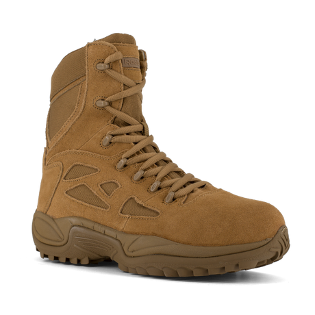 Reebok Rapid Response 8 side zip composite toe boot in coyote, angled view of the outer side