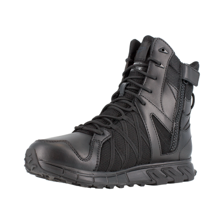 Reebok Trailgrip Tactical 8 side zip waterproof boot in black, angled view of the inner side
